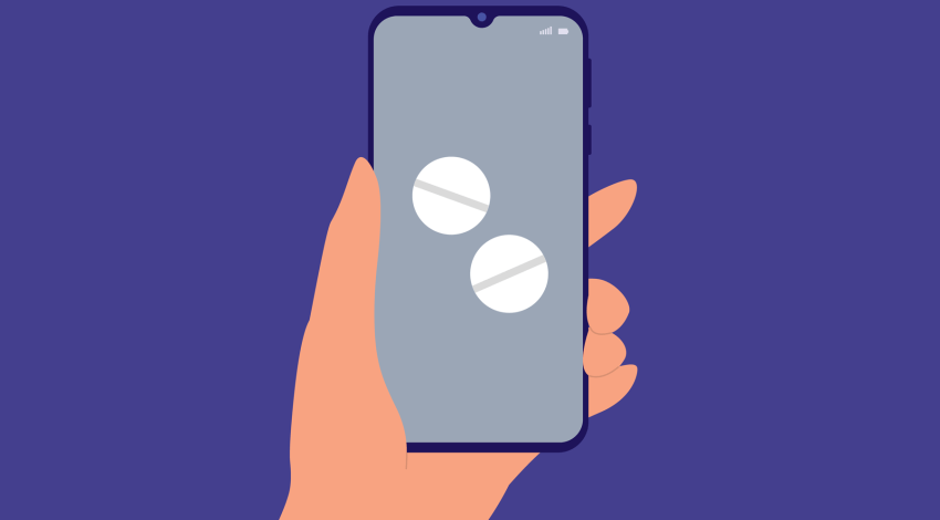 An illustration of a hand holding a phone that shows two pills, demonstrating safe telemedicine practices such as digital prescriptions.