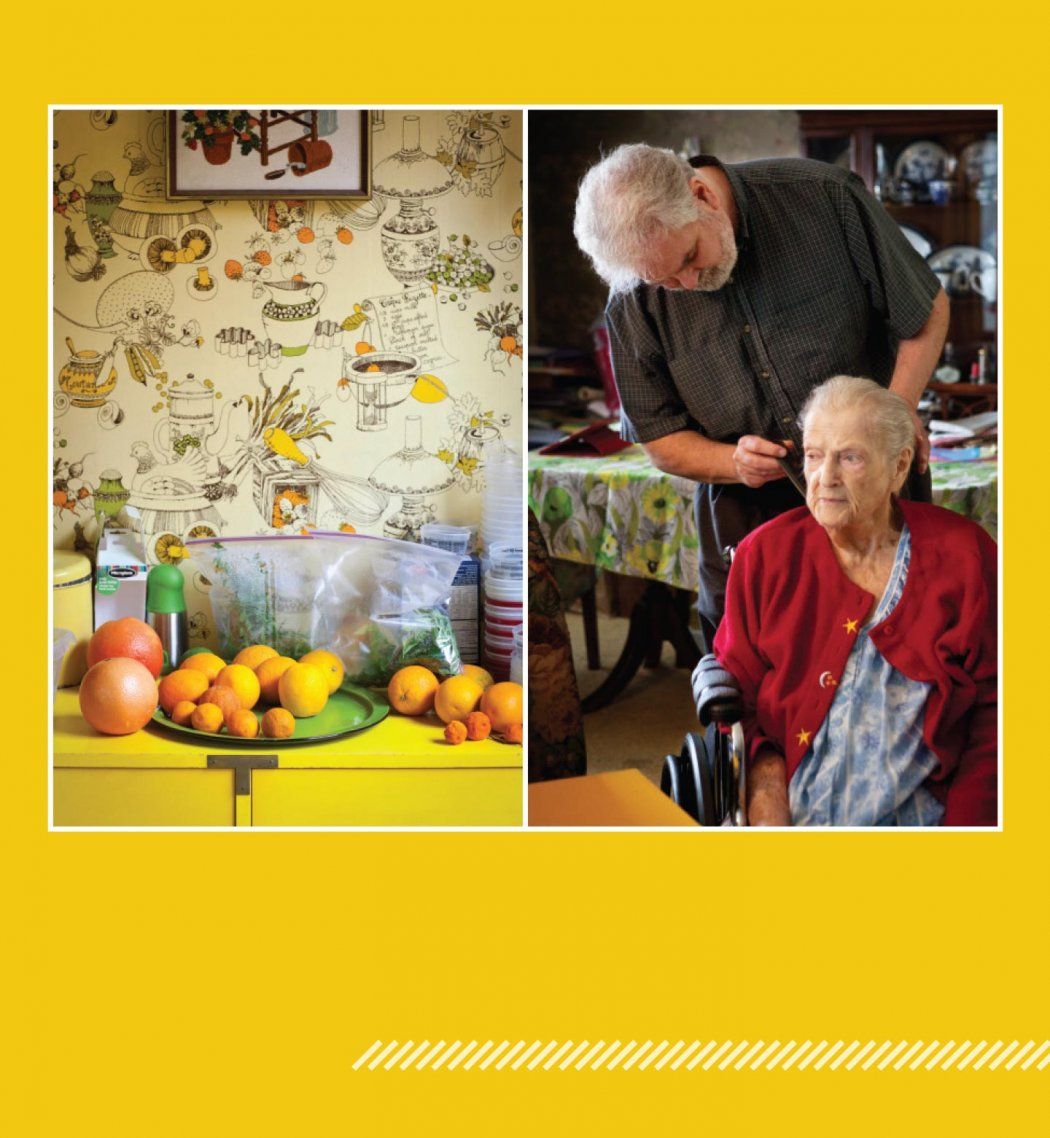 Photo of the interior of a home, medications and oranges sit on a yellow shelf; Photo of Hellen Aitel at home with her son, Stephen Aitel, who is combing her hair.
