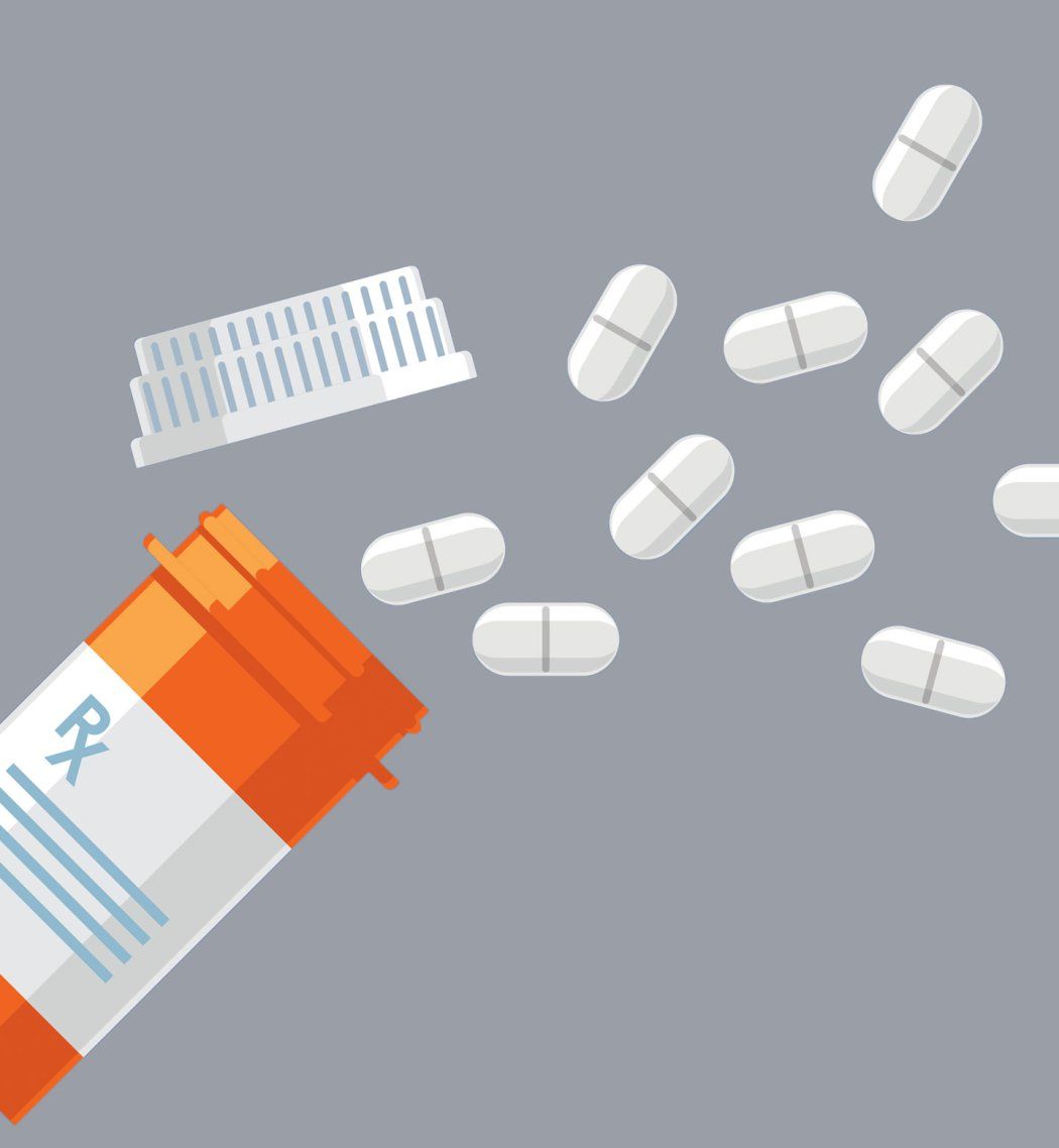 Illustration of an RX pill bottle and medication pills