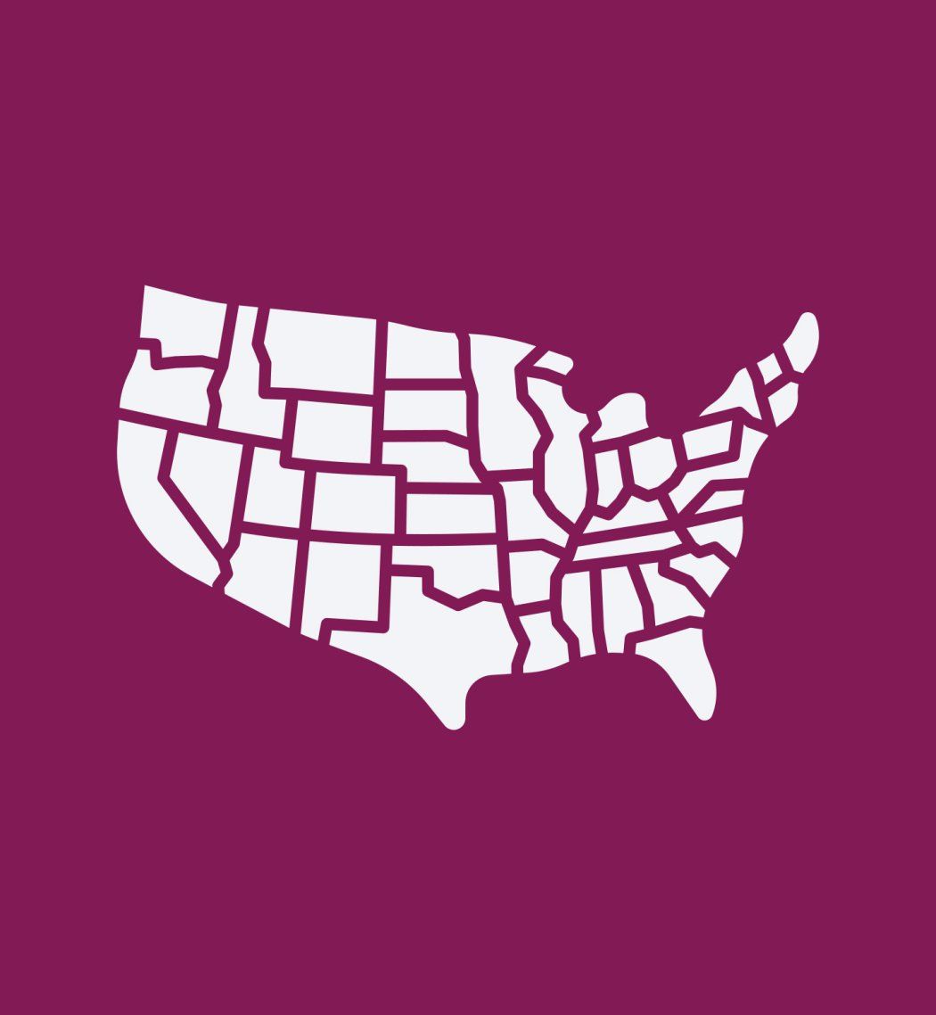 An illustrated map of the United States on a magenta background, with each state in light grey