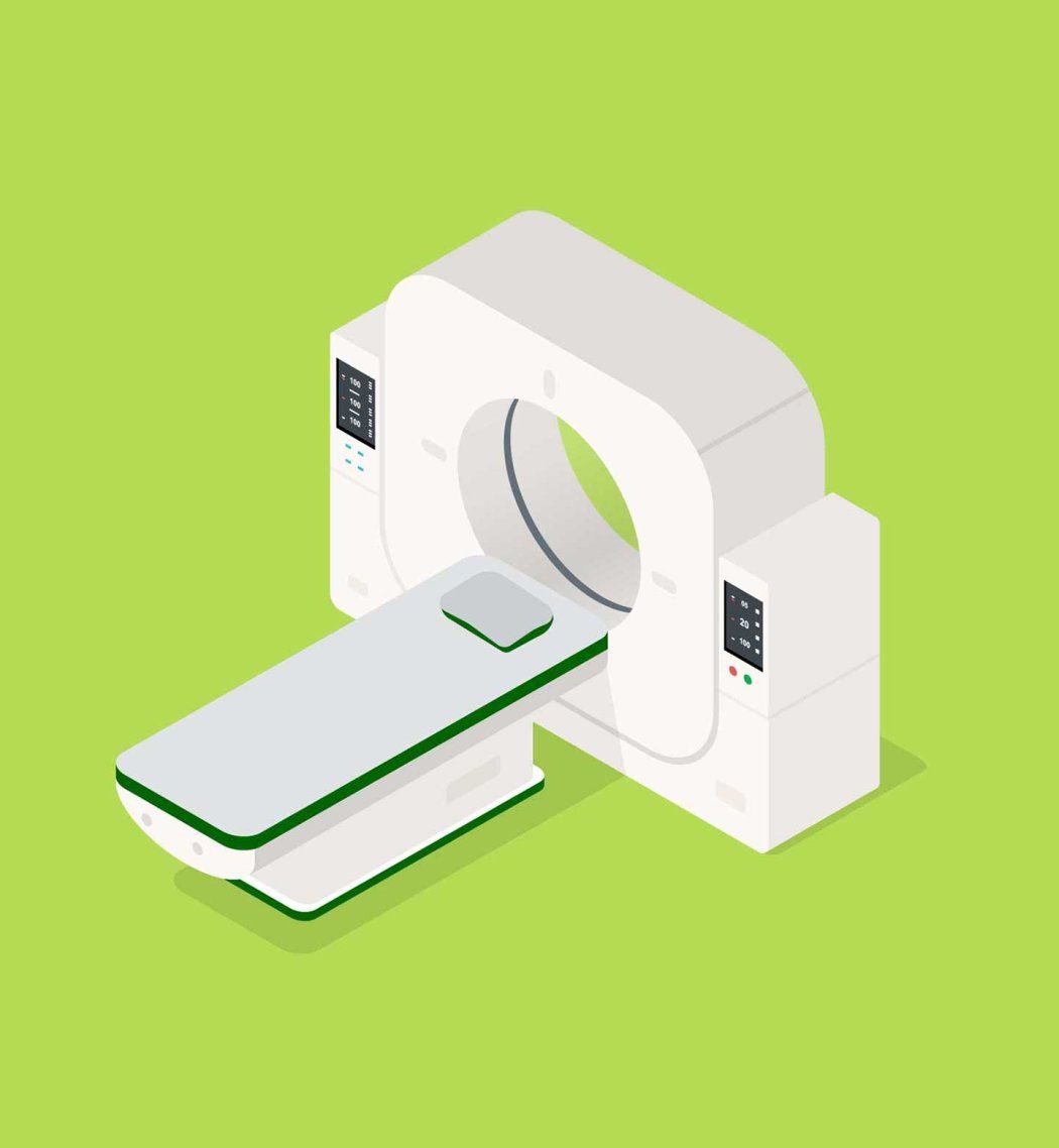 A graphic illustration of an MRI machine. The illustration has a green background.