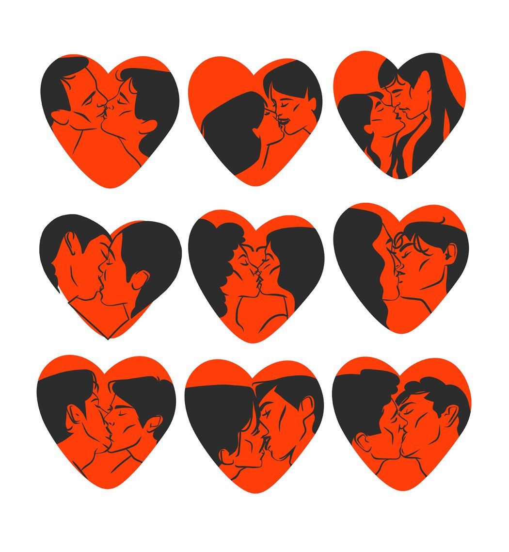 Illustrations of people kissing in heart-shaped frames.
