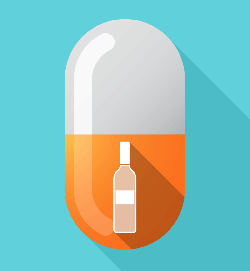 Illustration of a large pill and a small wine bottle.