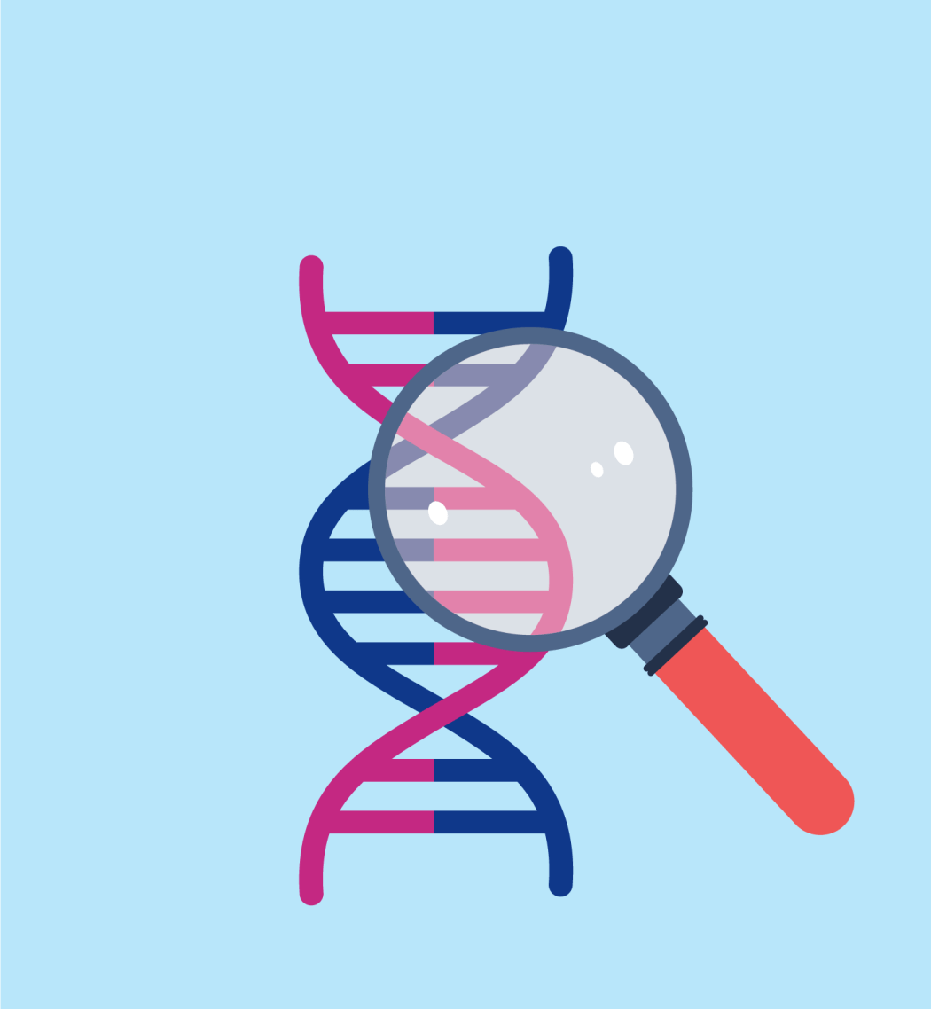 A graphic illustration of a DNA sequence and a magnifying glass.