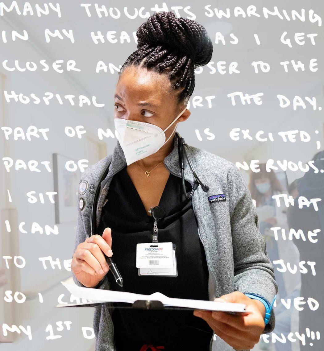 A new medical resident named Kelechi Okapara, who is a young Black woman, wears a KN-95 mask and black medical scrubs and holds a notebook while she takes notes. In the backround is handwriting that shows her inner thoughts as she leaves to start her first day of residency.
