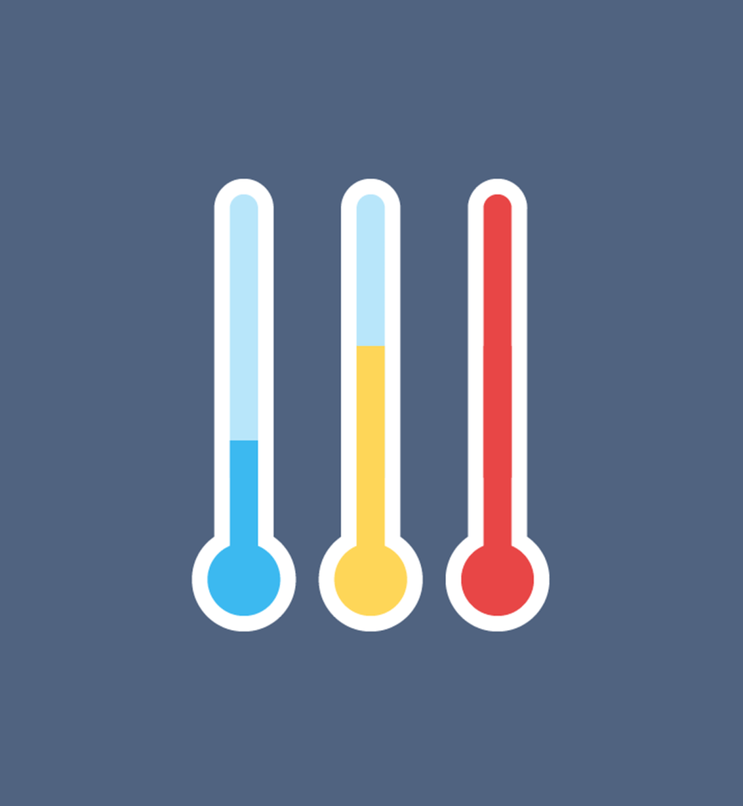 An illustration of three thermometers showing low temperature in blue, mild temperature in yellow, and high temperature in red.