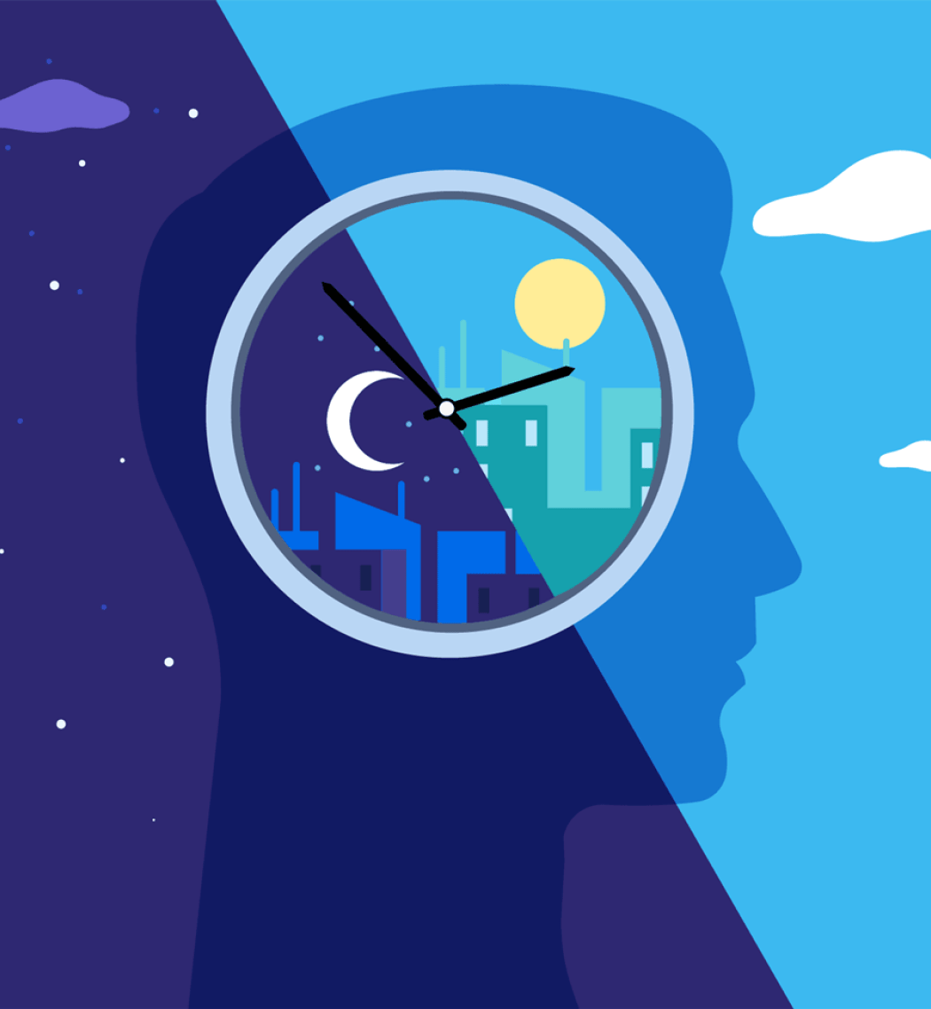 A conceptual illustration of sleep and time. A person's sillhouette is split in half to show day and night skies, overlaid by a clock that is also split to show day and night skies.