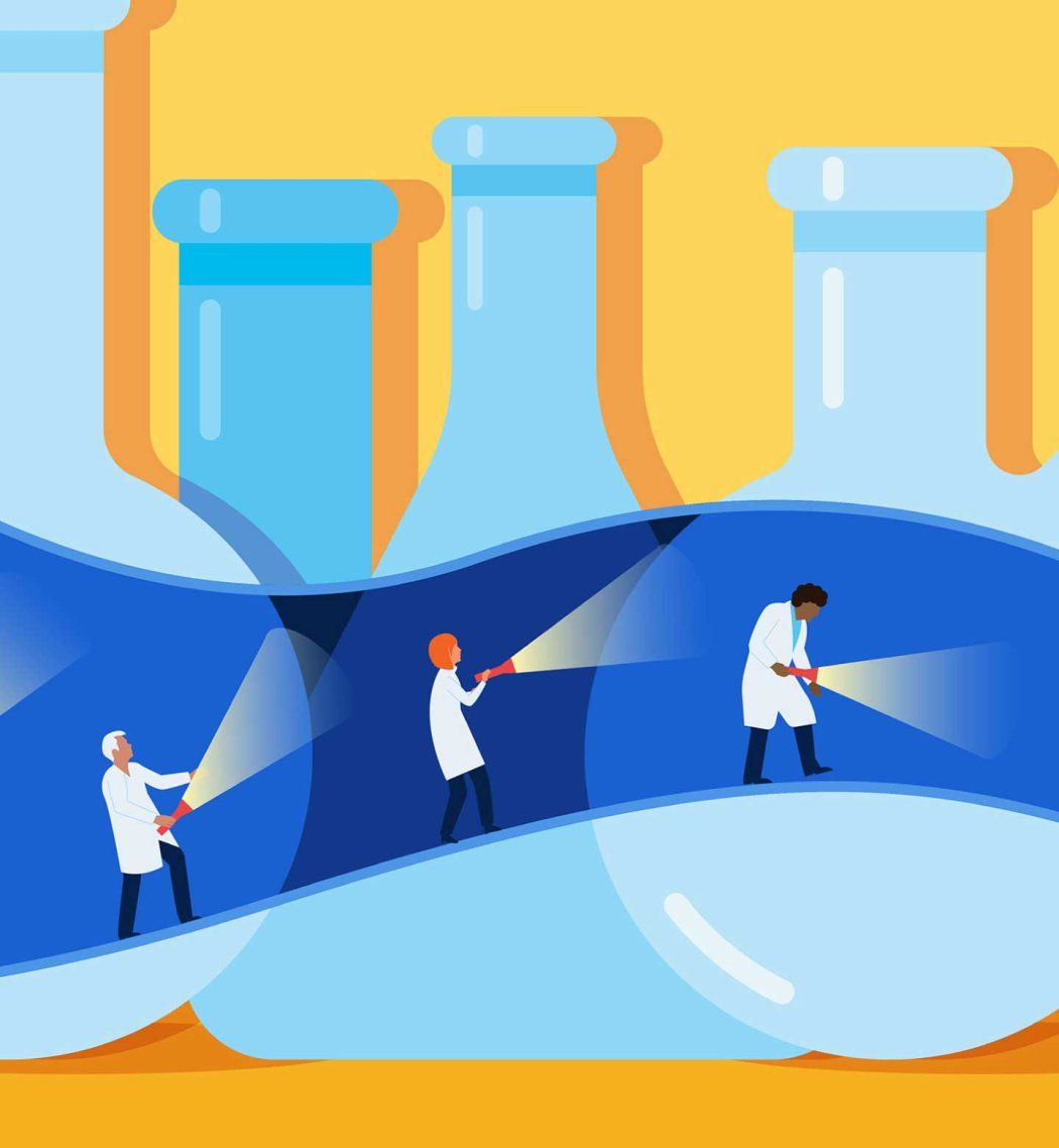 An illustration shows three scientists in lab coats, each holding a flashlight, walking through a series of connected, translucent blue flasks.