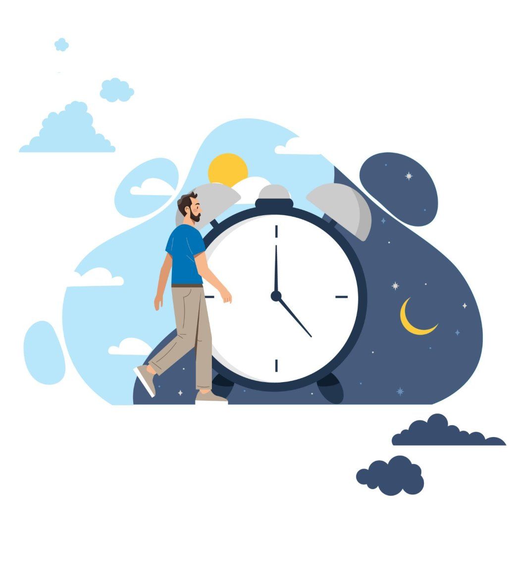 Daytime turns into night time and man walks across a clock in an illustration.