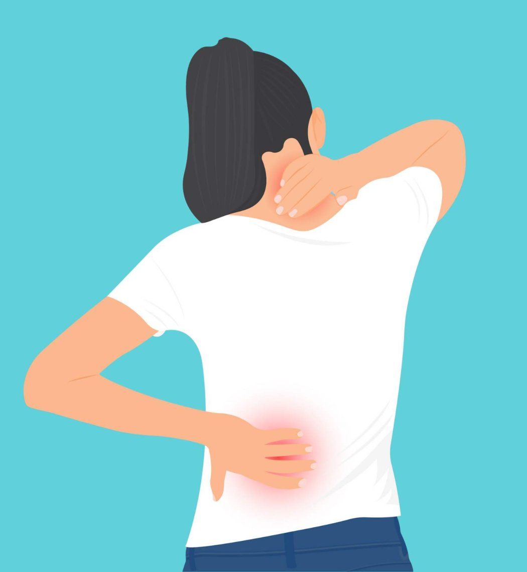 Animated woman holds upper and lower back in pain.