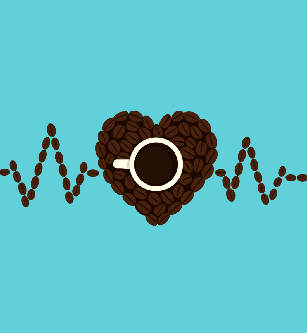 A conceptual illustration showing a heart and a heartbeat both made up of coffee beans, with a cup of coffee in the center.