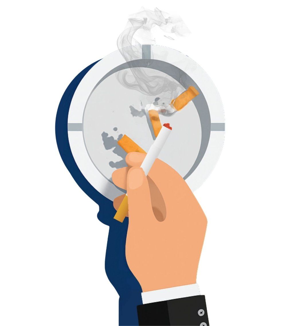 Cigarette held by a hand over an ashtray full of ash.