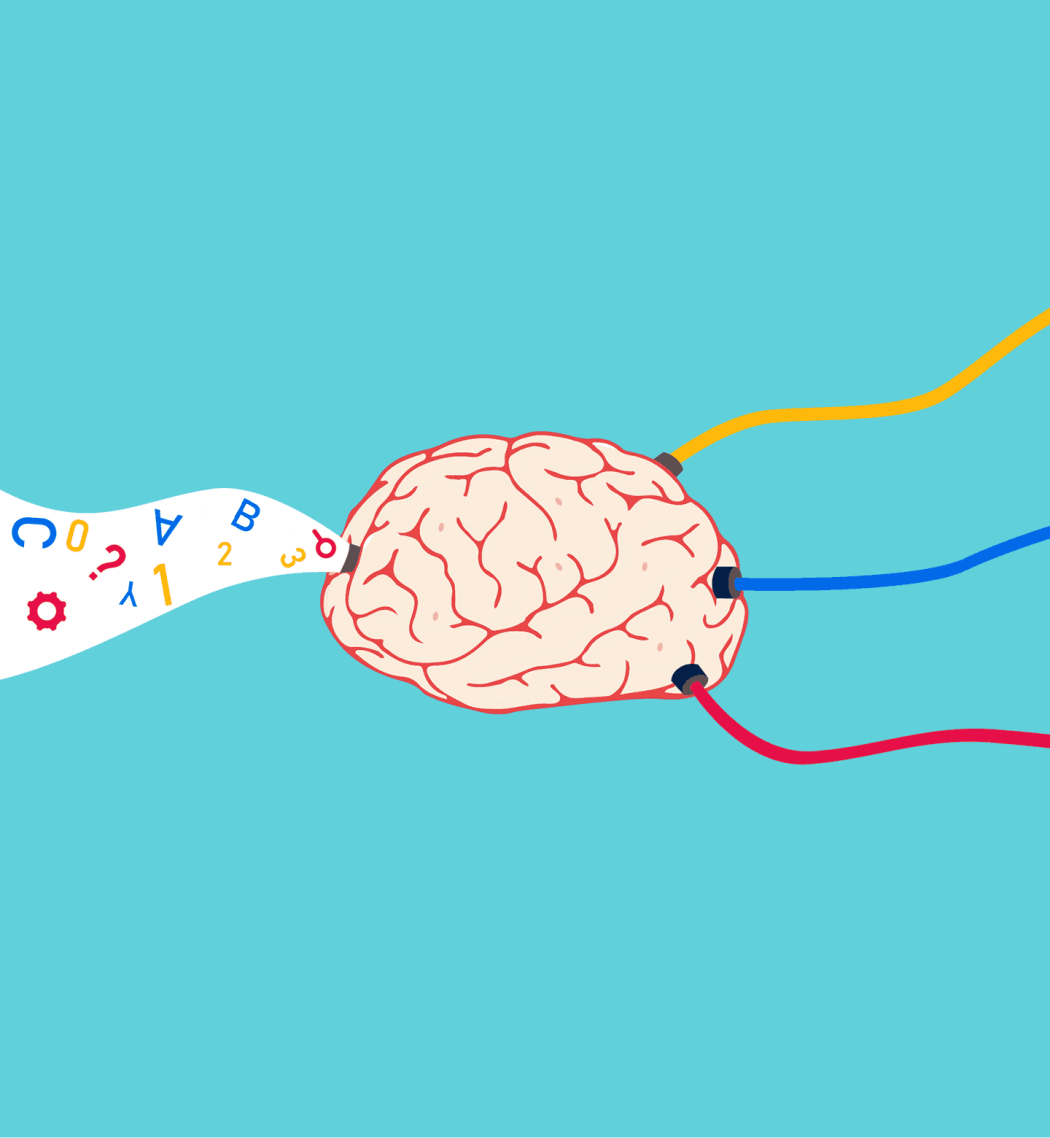 A graphic illustration showing the concept of learning, where letters, numbers, and symbols are entering a brain.