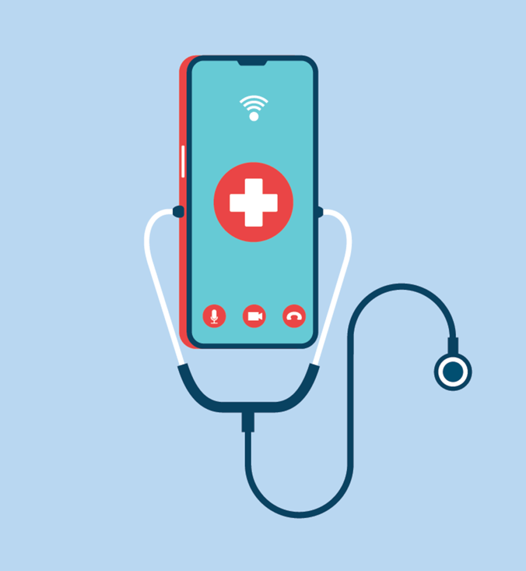 A conceptual illustration depciting digital health, where a smartphone wears a stethoscope.