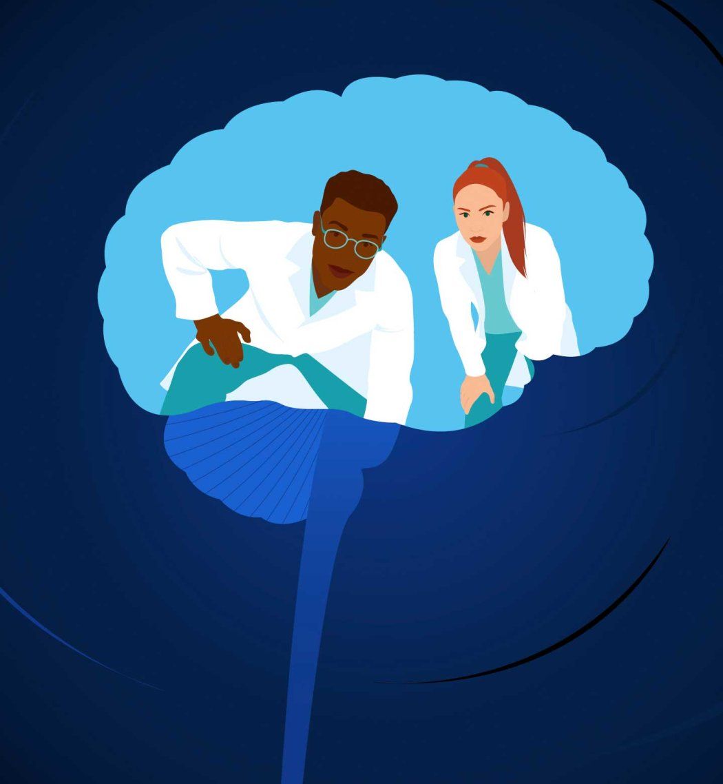 A graphic illustration represent neurodegenerative disease, where two doctors look inside a brain.