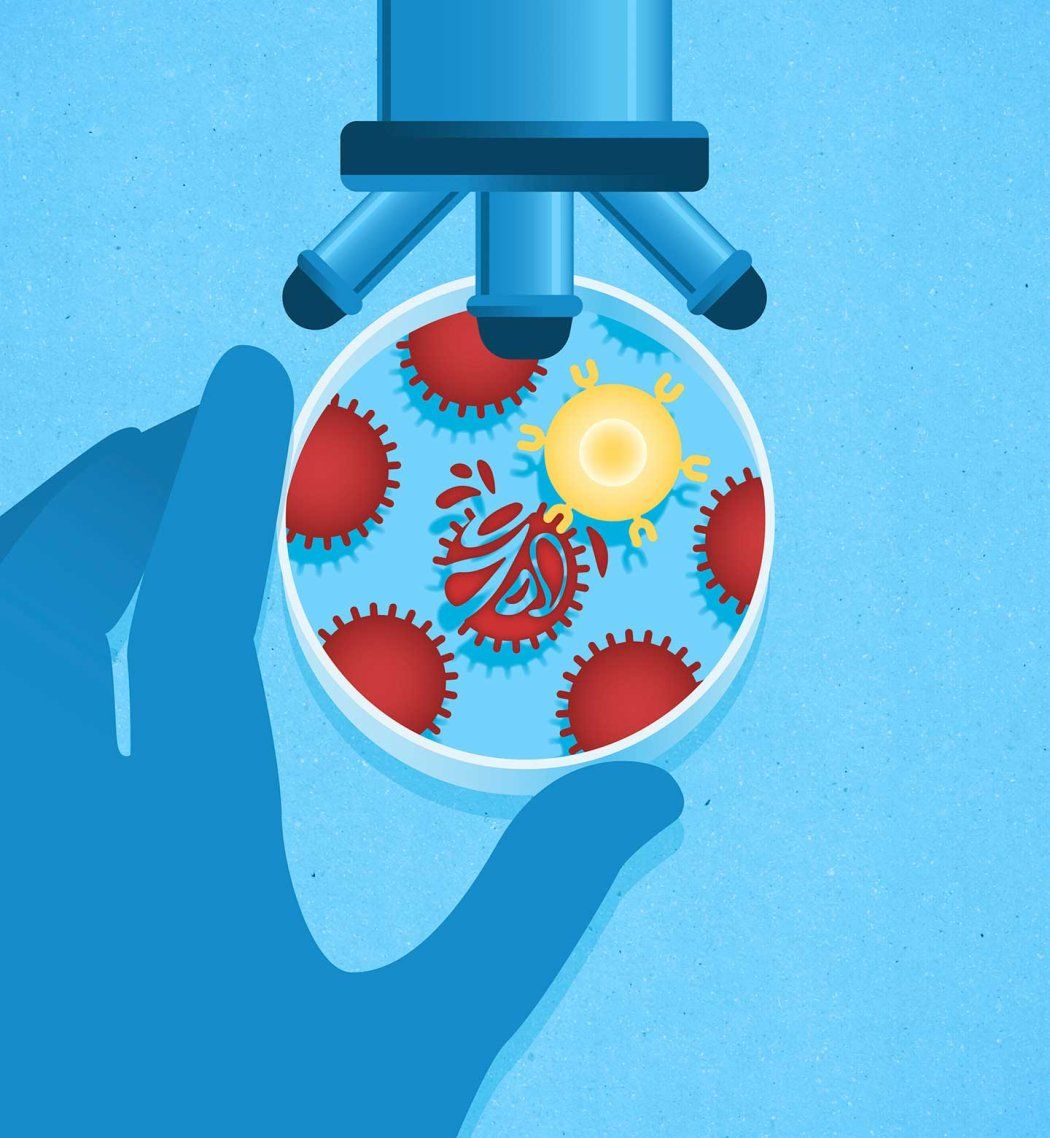 An illustration of a gloved hand holding a petri dish under a microscope, where a glowing yellow immune cell targets several red, spiky cancer cells.