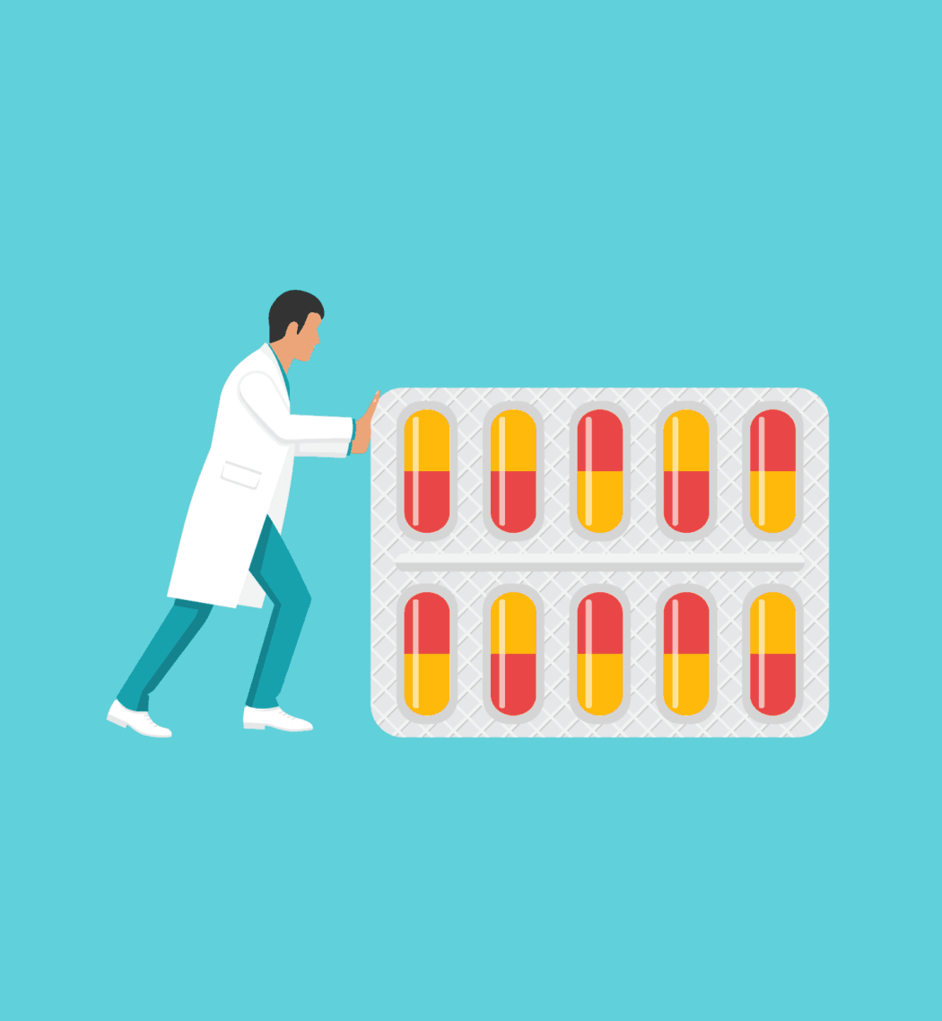 A conceptual graphic illustration showing a physicain pushing a packet of pills.