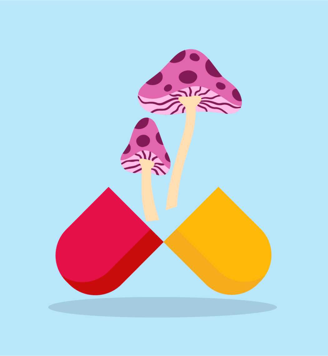 An illustration of two pink mushrooms with purple spots growing out of an open red and yellow medicinal capsule against a light blue background, representing using psychedelics as antidepressants.