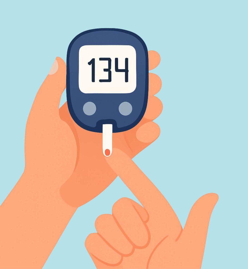 A person checking their blood sugar level with a digital glucose meter.