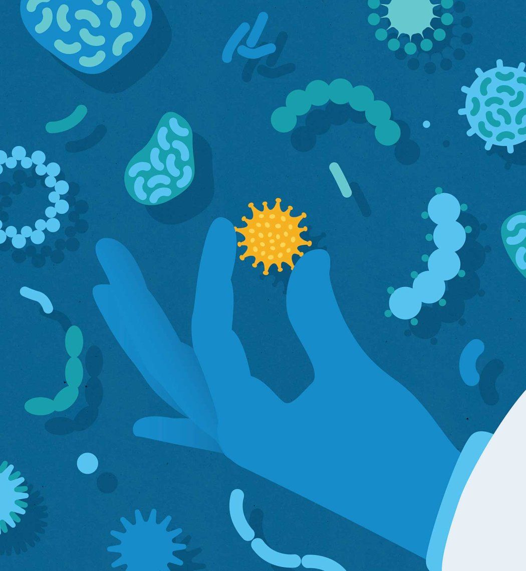 A conceptual graphic illustrationof a hand holding a cancerous cell, surrounded by other microorganisms.