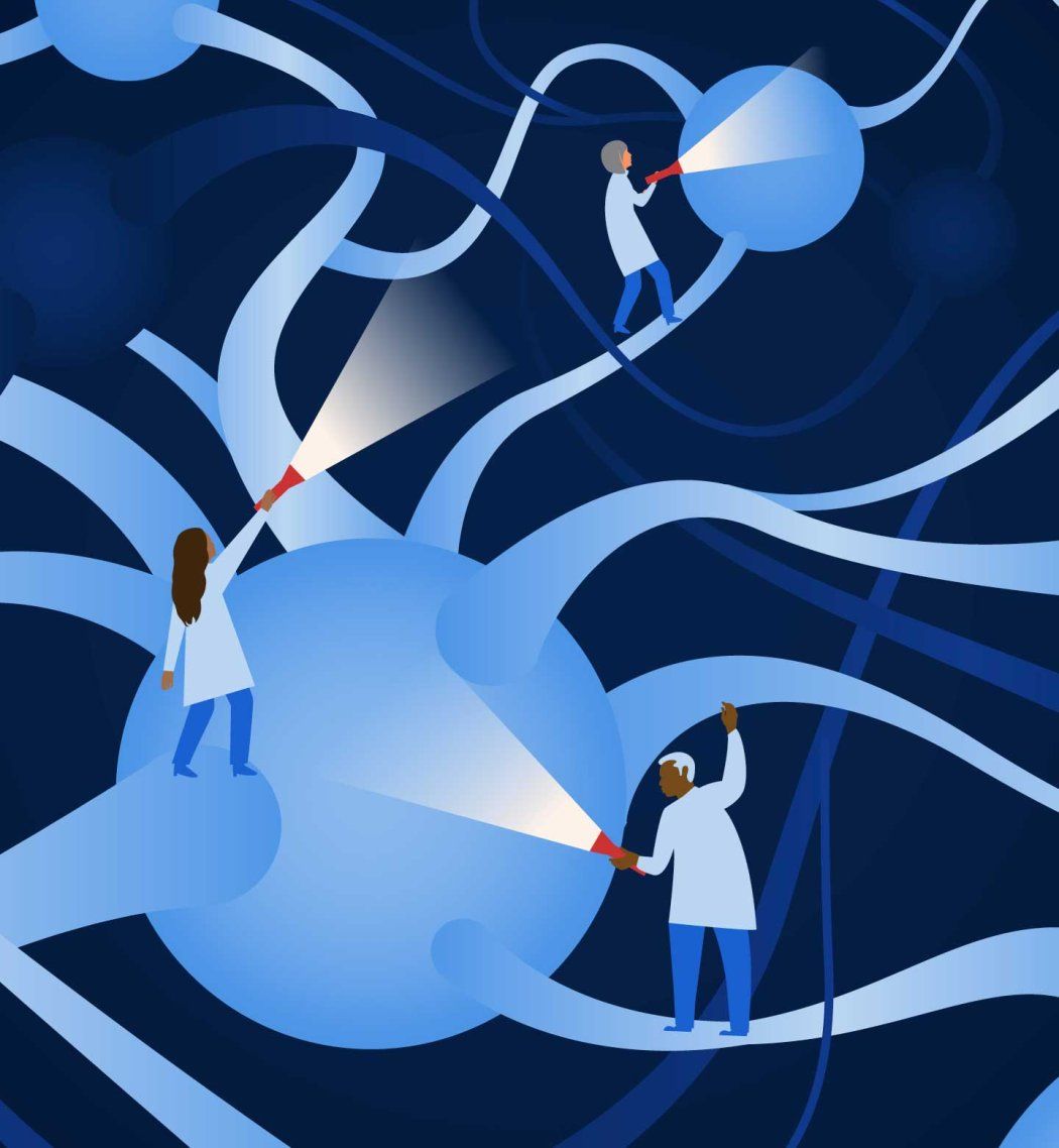A conceptual illustration of neurodegenerative disease, showing scientists probing around large neurons with flashlights.