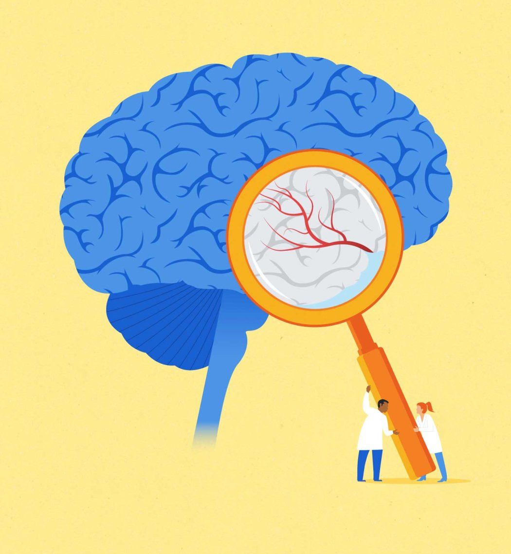 A conceptual illustration showing two scientists holding up a large magnifying glass to a brain, signaling to neurological study.