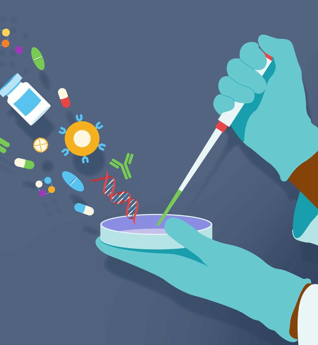 Conceptual illustration showing a hand injecting material onto a petri dish. Medications flow out of the petri dish, signaling to how research helps develop therapies.