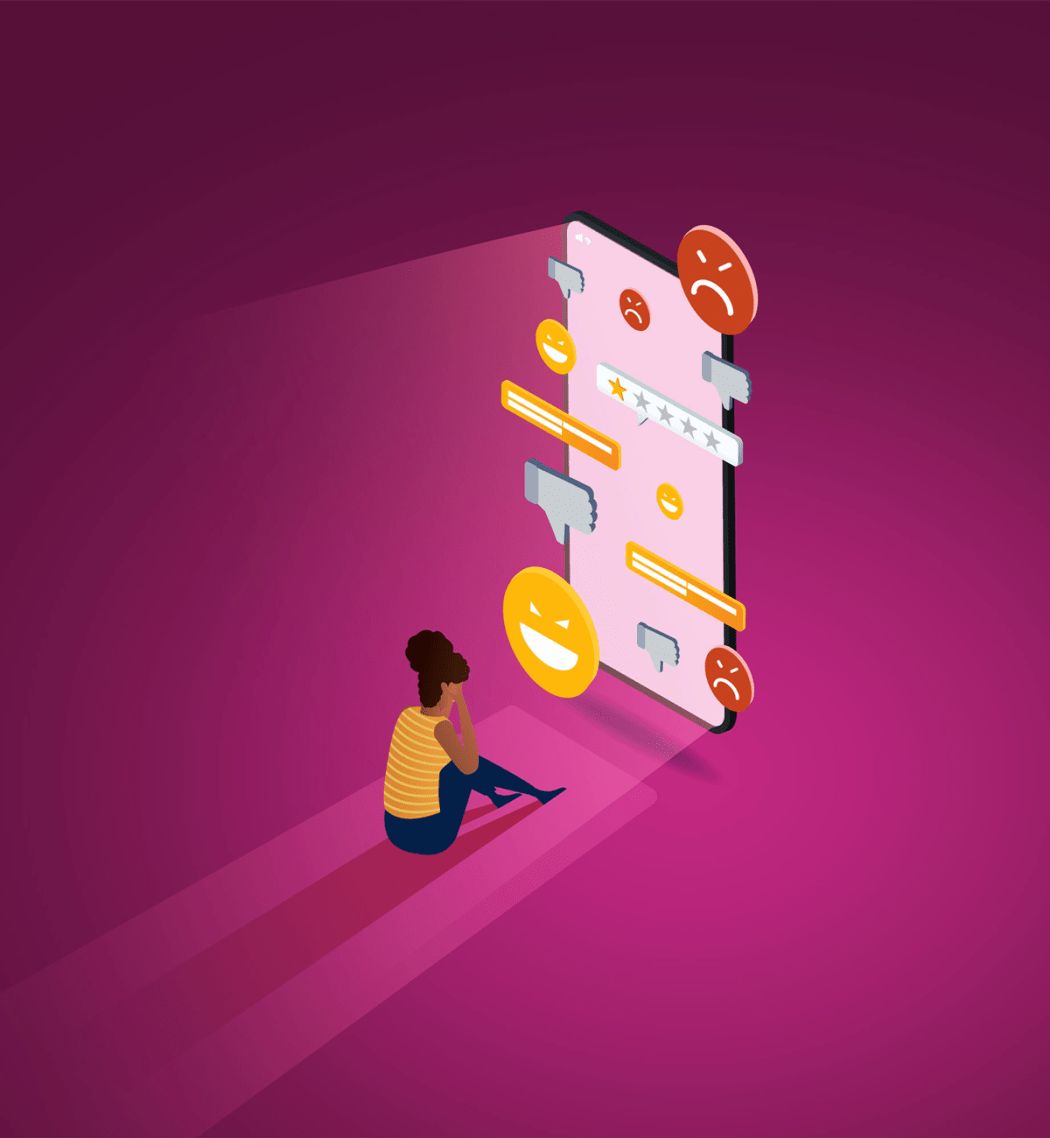 A graphic illustration depcting the concept of depression caused by social media, where a young girl sits dejectedly in front of a large phone displaying social media notifications.