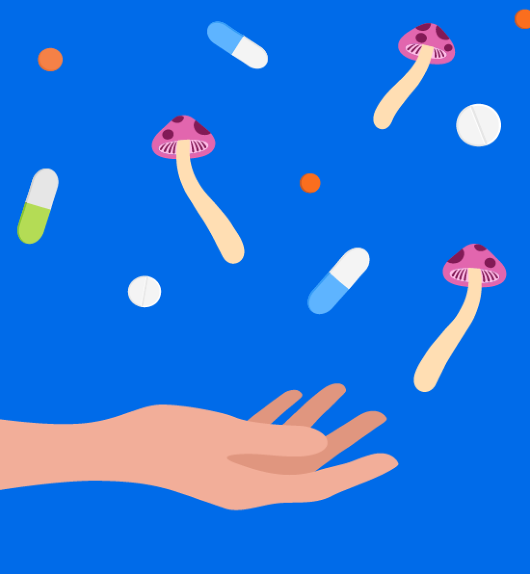 A conceptual graphic illustration showing a hand reaching out to grab mushrooms and psychedelic pills.