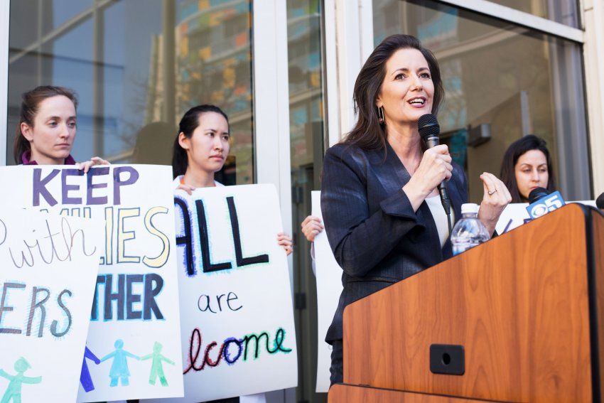 Oakland Mayor Libby Schaaf speaking at a rally. 