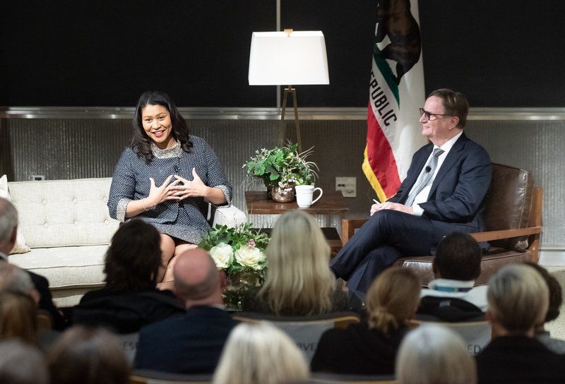 London Breed speaks with Sam Hawgood during a talk on leadership