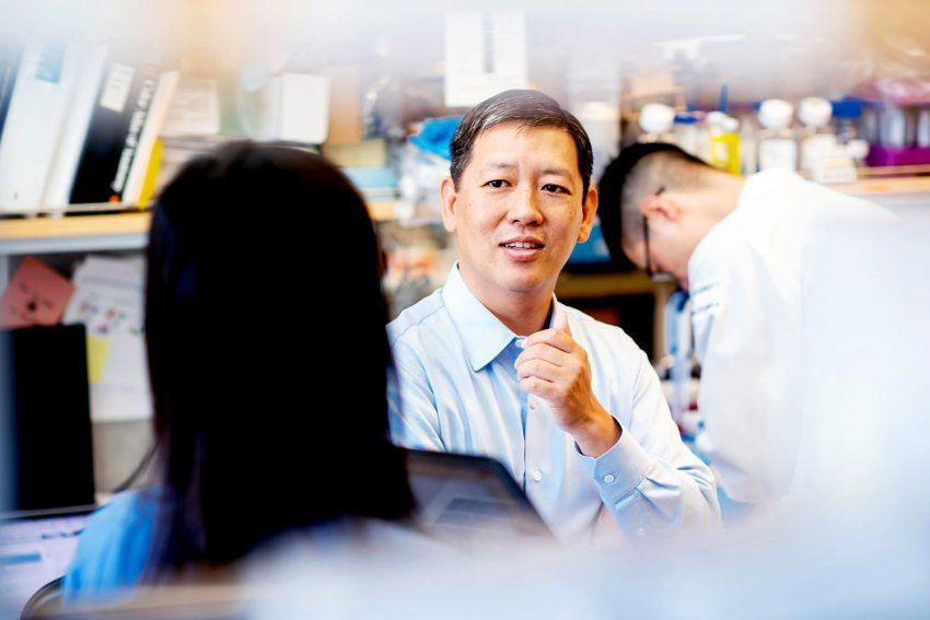 Felix Feng talks to a colleague in his lab