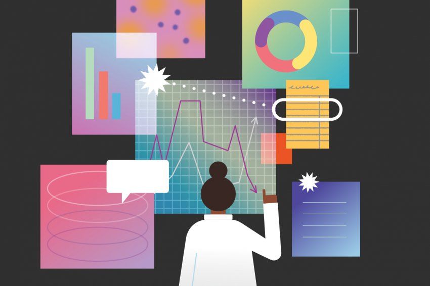 Illustration of the back of a female doctor, who is facing a wall of screen images with charts, graphs, speech bubbles and files, floating in space.