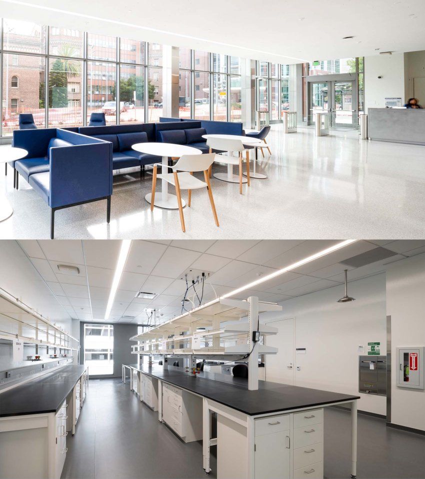 Two photos show a light-filled public seating area and extensive lab space