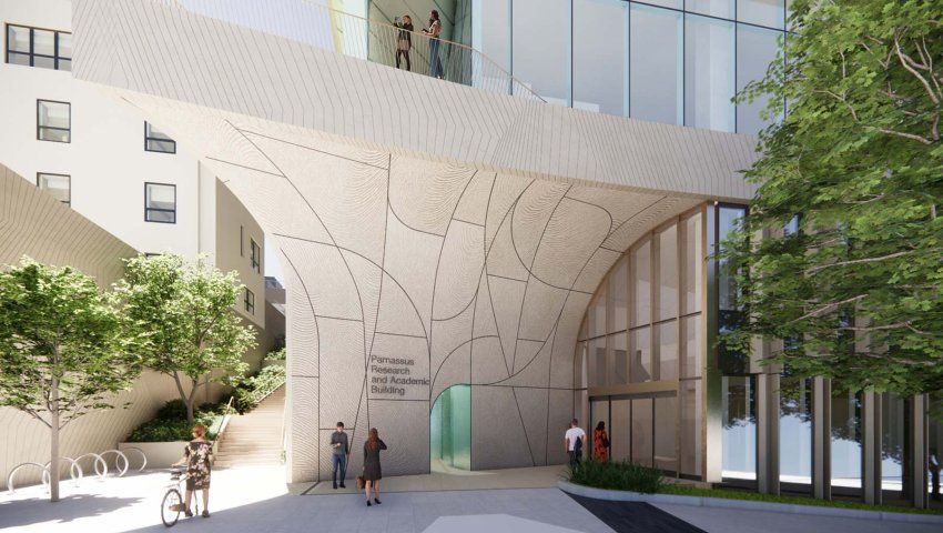A rendering of the building entrance shows tree-lined walkways and an outward curving edifice. 