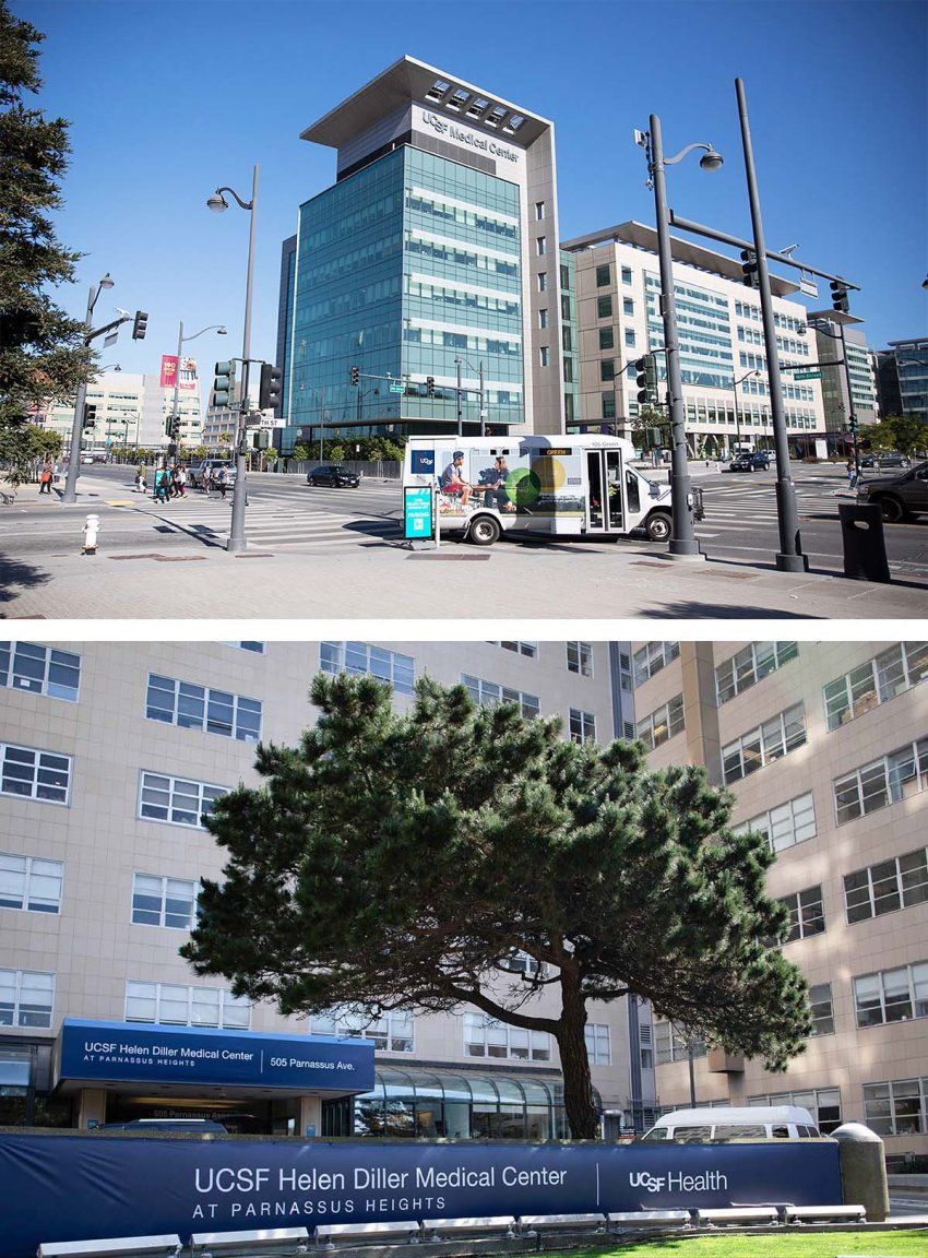 Two landscape shots of the Mission Bay and Parnassus Heights Hospitals.